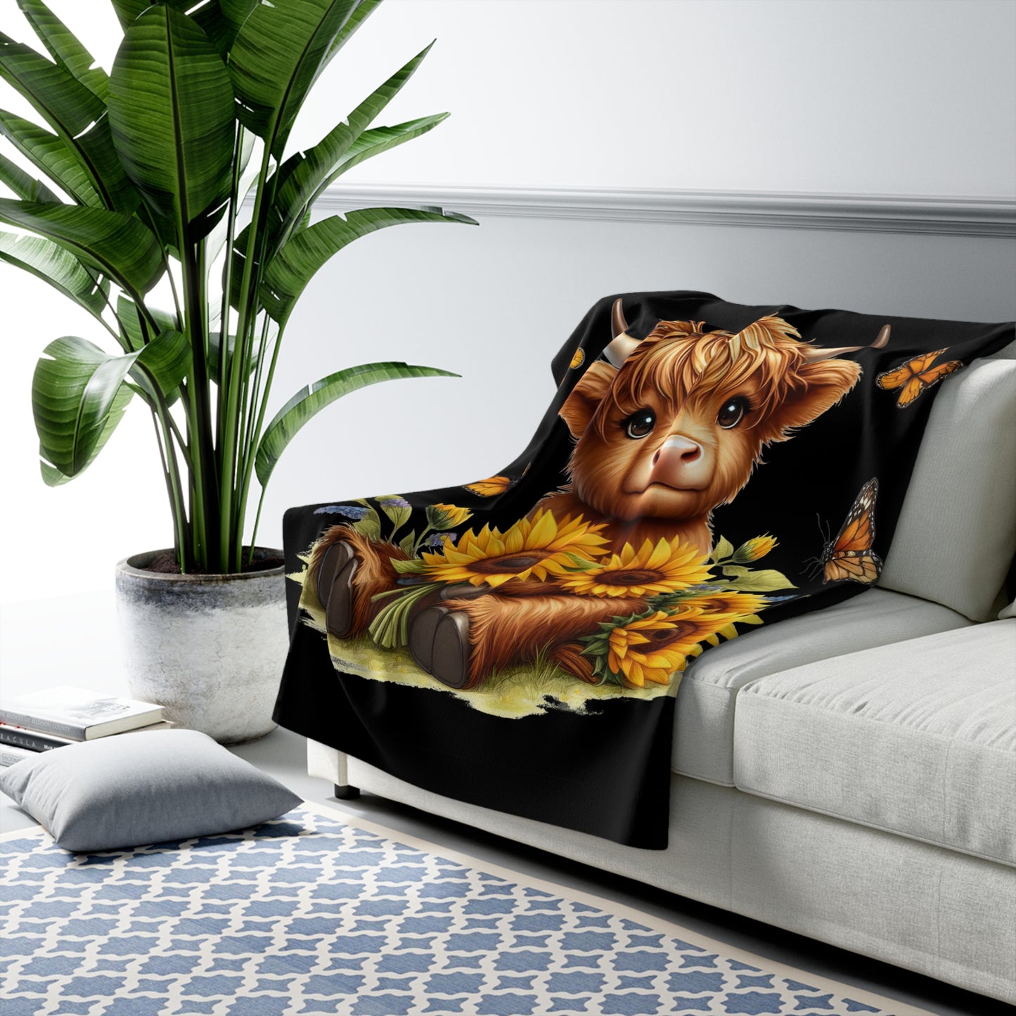 Sherpa Fleece Blanket - Highland Cow Sunflower Design