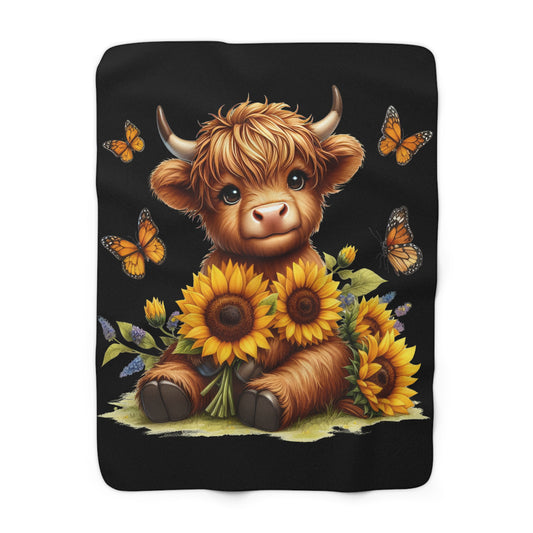 Sherpa Fleece Blanket - Highland Cow Sunflower Design